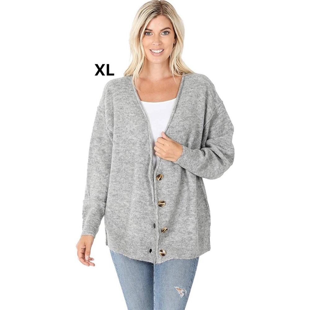 Zenana Melange Button Down Cardigan Oversized Loose Fit, Light Gray‎ XL